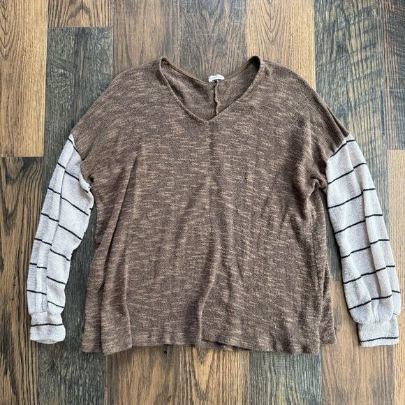 Peach Love California Women’s Sweater Brown V-Neck Long Sleeve Striped Contrast - Picture 1 of 7